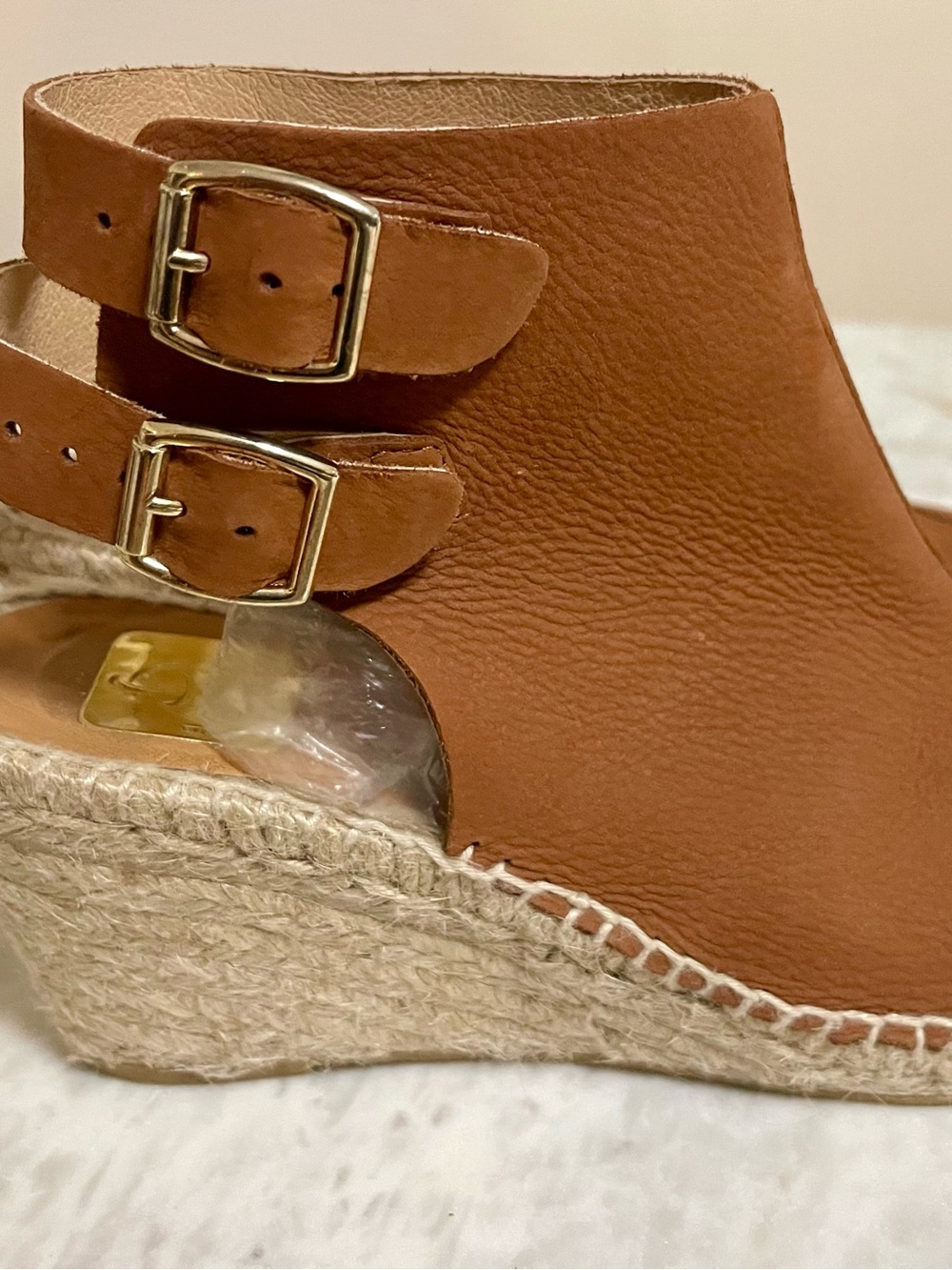 Tan Leather Espadrille Wedge Sandals with Double Buckles. Kanna made in Spain.